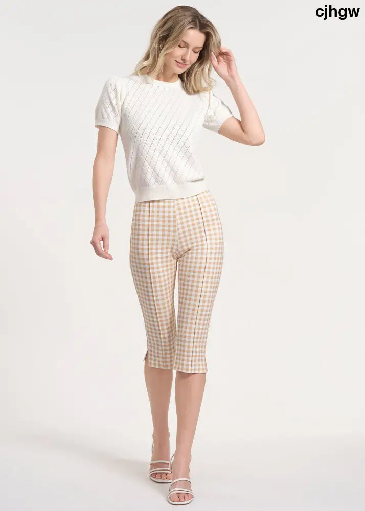 Cropped Ponte Knit Capris - Khaki/White Gingham / XS - Clothing