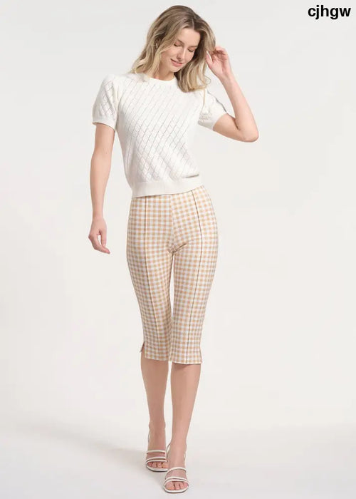 Cropped Ponte Knit Capris - Khaki/White Gingham / XS - Clothing
