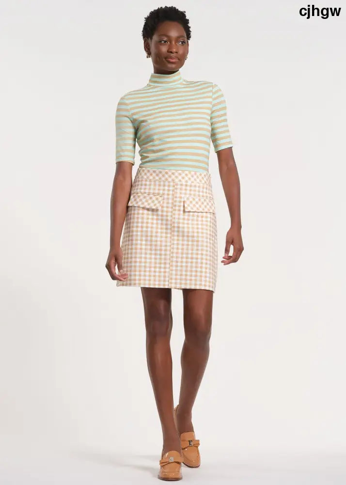 Gingham Patterned A-Line Midi Skirt - Khaki/White Gingham / XS - Clothing