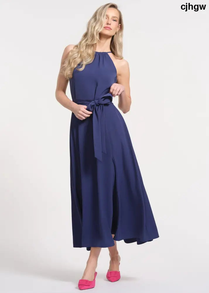 Halter Neckline Neck Tiered Construction Maxi Length Dress - NAVY / 2 - Dresses