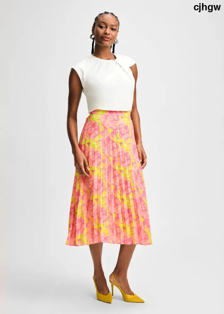 Pleated Midi Skirt - Citron Floral / XS