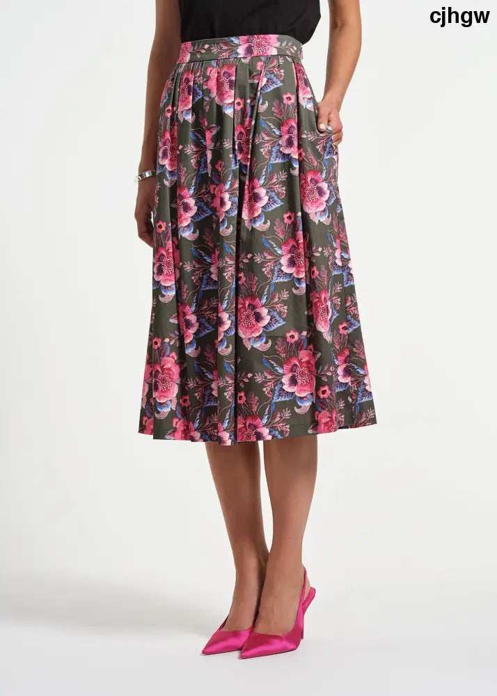 Sateen Midi Full Skirt - Trompe L’Oeil Floral / 2 - Clothing